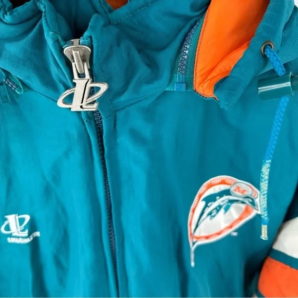 Vintage 90s Authentic Pro Line Miami Dolphins Logo Athletic Puffer Jacket Sz L - Picture 2 of 10